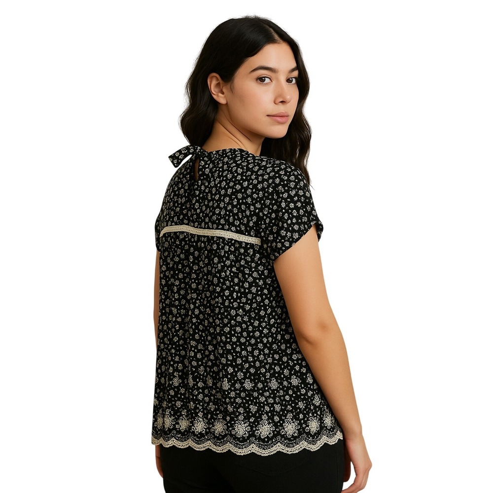 IVY JANE Black White Floral Blouse Tie Back Neck Scallop Hem Cottagecore S